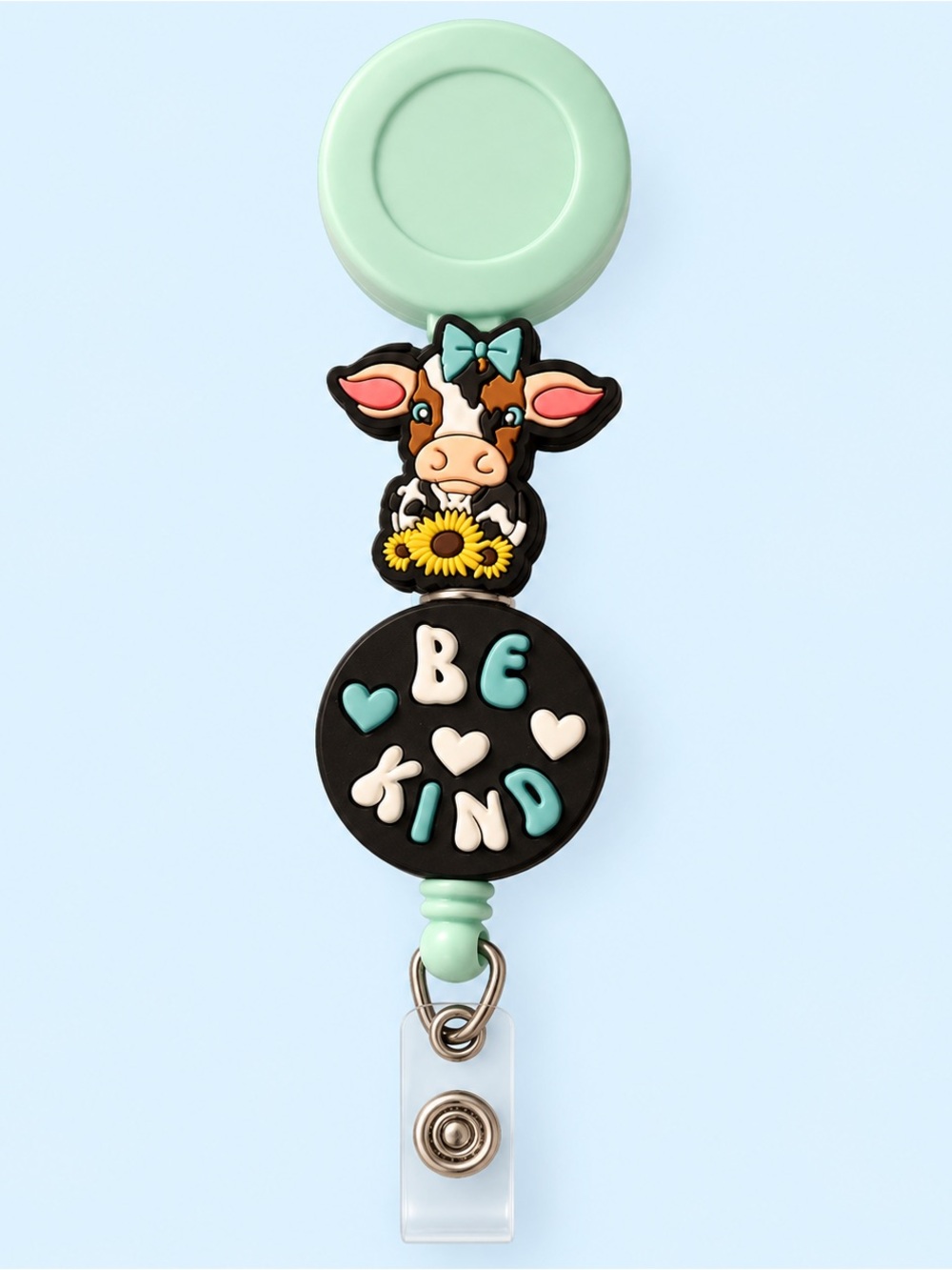 Be Kind Cow Badge Reel - Mint and Black Kids Accessory